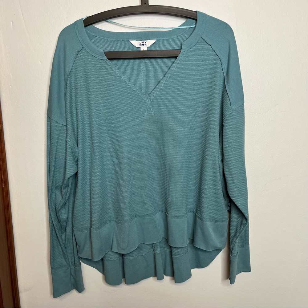 JoyLab Teal Long Sleeve Cropped V Neck Waffle Lounge Casual L VGUC Relaxed